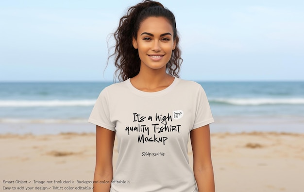 PSD women on beach with t shirt mockup