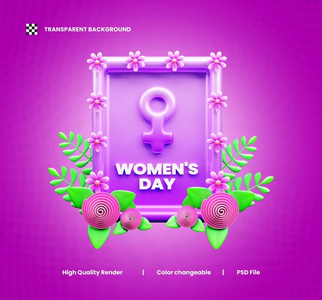 PSD women day celebration decorative frame 3d composition or women day floral frame 3d render