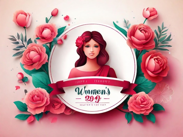 women day floral decorations in paper art style with a frame of past color flowers and leaves