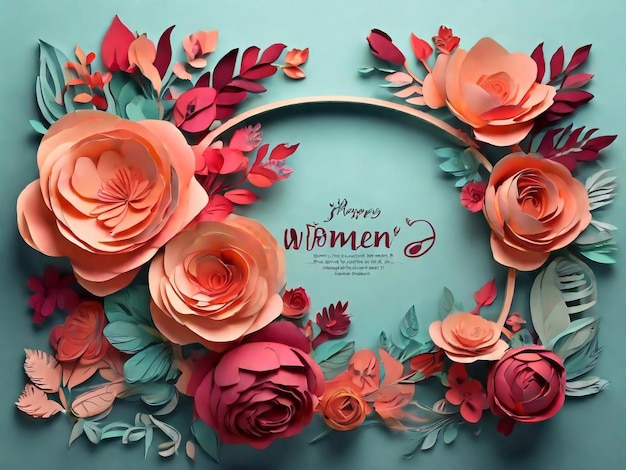 women day floral decorations in paper art style with a frame of past color flowers and leaves