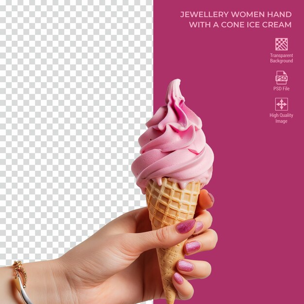 PSD women jewellery hand with a cone ice cream isolated on transparent background