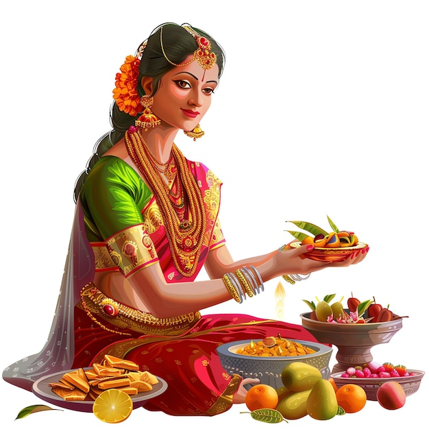 Women offering sweets and fruits to deities indian illustration realistic