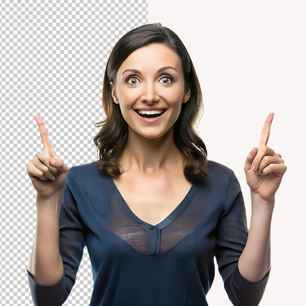 women pointing up with fingers pose on transparent background