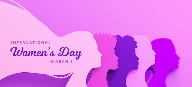 Women's Day poster with silhouettes of different women's faces in paper cut and copy space in 3D