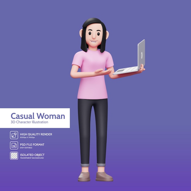 Women showing a laptop 3d render character illustration