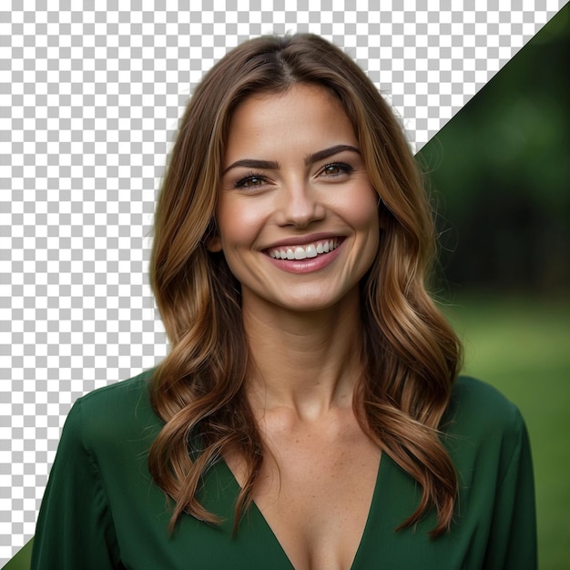 PSD women smiling in vneck blouse with transparent background