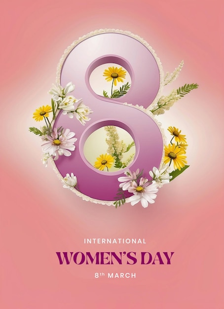 Womens Day canvas 8 digit decoration with blooming mimosa and daisy flowers on pink background