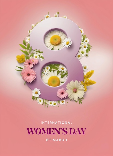 Womens Day canvas 8 digit decoration with blooming mimosa and daisy flowers on pink background