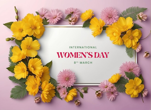 Womens Day canvas decoration with blooming mimosa and daisy flowers on pink background