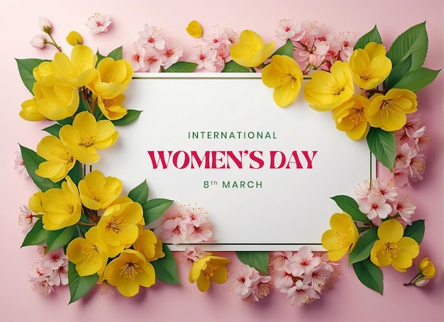 Womens Day canvas decoration with blooming mimosa and daisy flowers on pink background