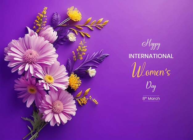 Womens Day canvas decoration with mimosa and daisy flowers on purple background