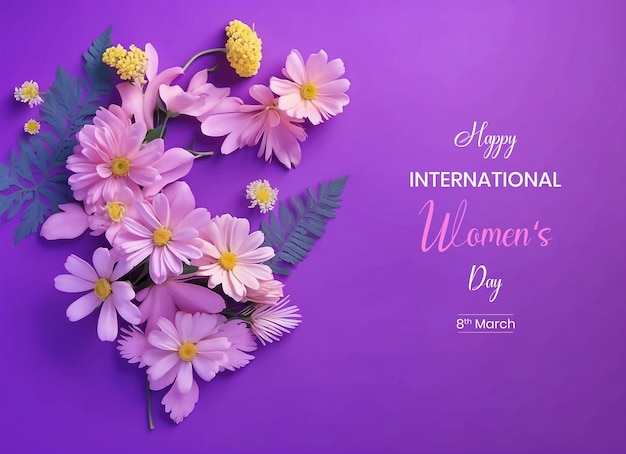 Womens Day canvas decoration with mimosa and daisy flowers on purple background