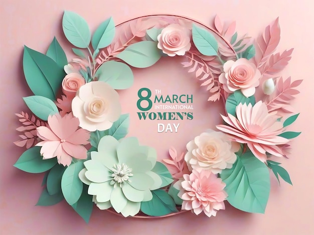 womens day floral decorations in paper art style with a frame of past color flowers and leaves