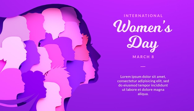 Womens Day flyer with silhouettes of multi ethic women's faces inside a woman face, 3D illustration