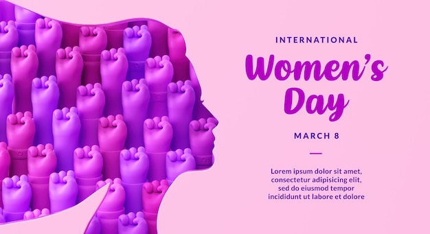 Womens Day flyer with woman face silhouette and purple fists inside in 3D illustration