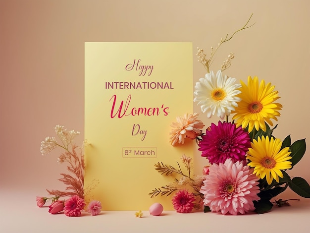 Womens Day greetings card decorated with colorful spring flowers