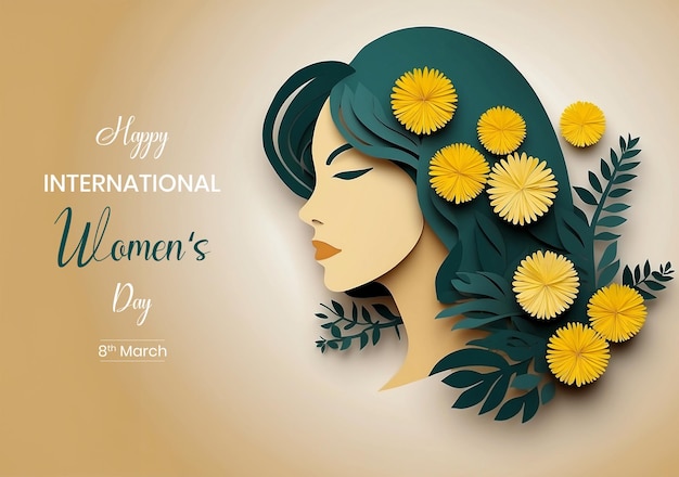 Womens Day paper cut style face and flowers background design