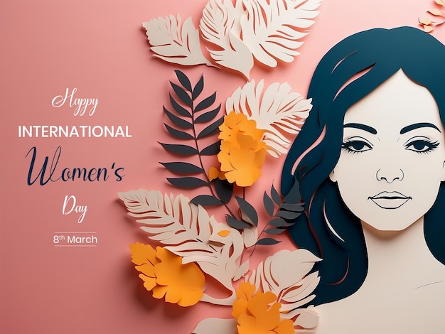 Womens Day paper cut style face and flowers decoration on pink background