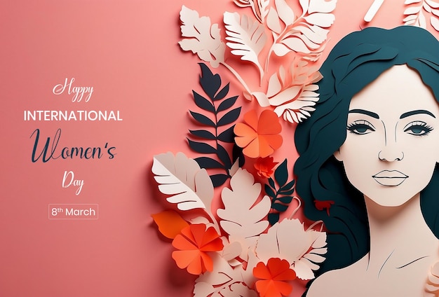 Womens Day paper cut style face and flowers decoration on pink background