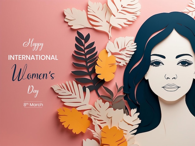 Womens Day paper cut style face and flowers decoration on pink background