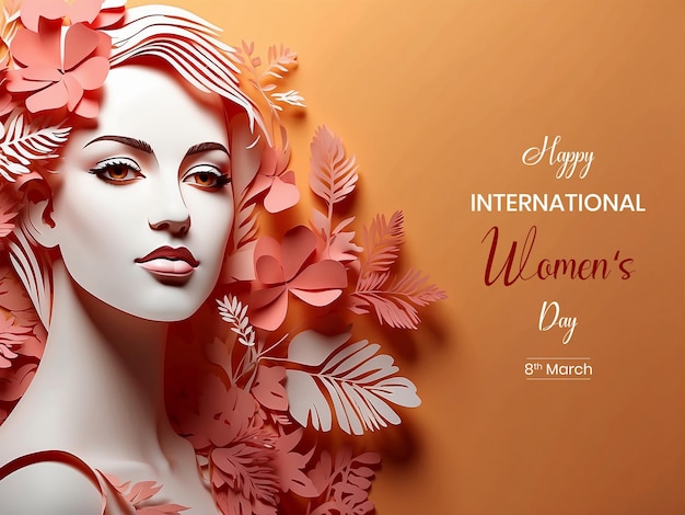 Womens Day paper cut style face and flowers decoration on reddish background