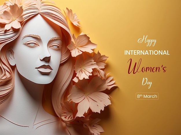 Womens Day paper cut style face and flowers decoration on yellow background