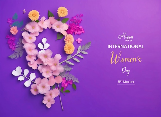 Womens Day sign canvas decoration with mimosa and daisy flowers on purple background