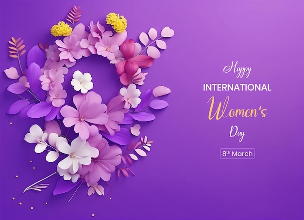 Womens Day sign canvas decoration with mimosa and daisy flowers on purple background