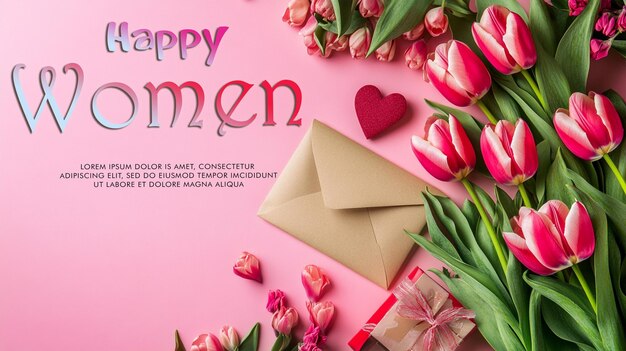 PSD womens day themed poster in pink color with bouquet of tulips