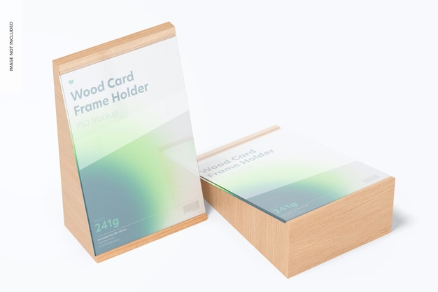 Wood Card Frame Holders Mockup, Perspective