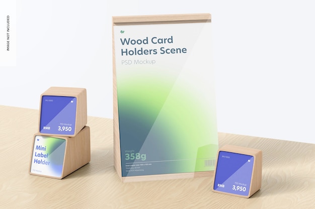 Wood Card Holders Scene Mockup, Left View