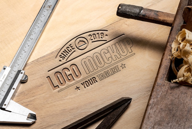 PSD wood carving effect mock-up with tools