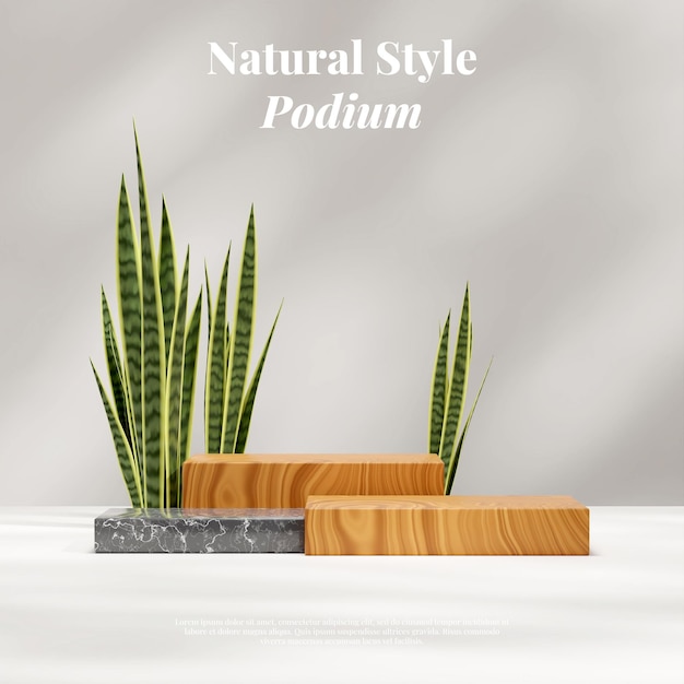 Wood and marble podium rendering 3d mockup in square with snake plant and shadow white wall