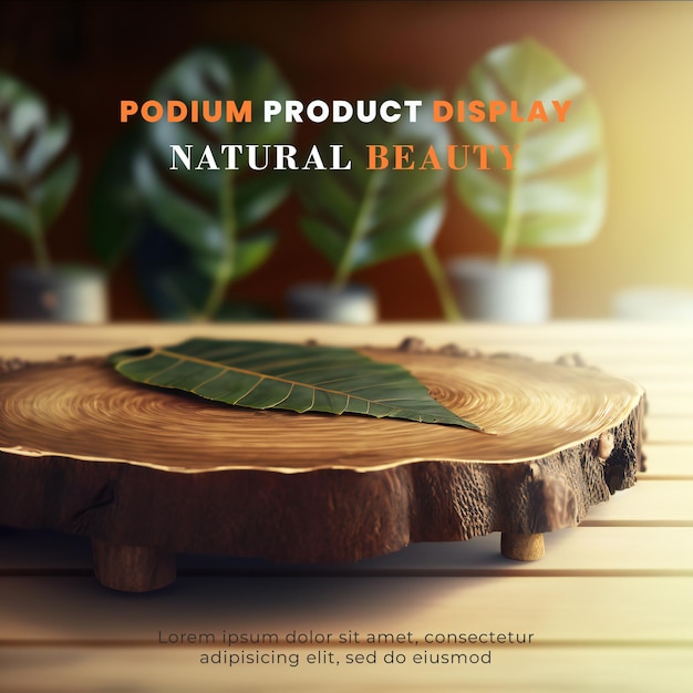 Wood podium stage display mockup for product presentation decorated with tropical palm leaves