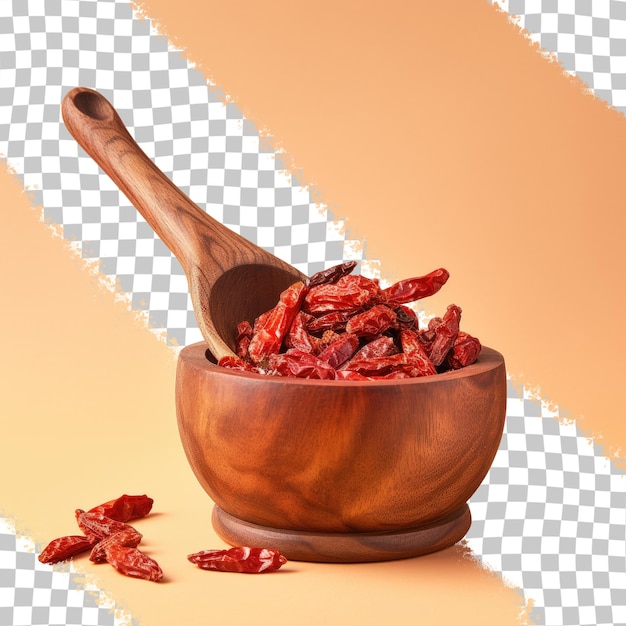 Wood scoop filled with dried peppers transparent background