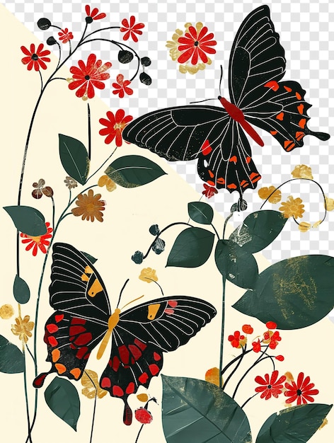 Woodcut Style Butterflies and Flowers Flat Illustration