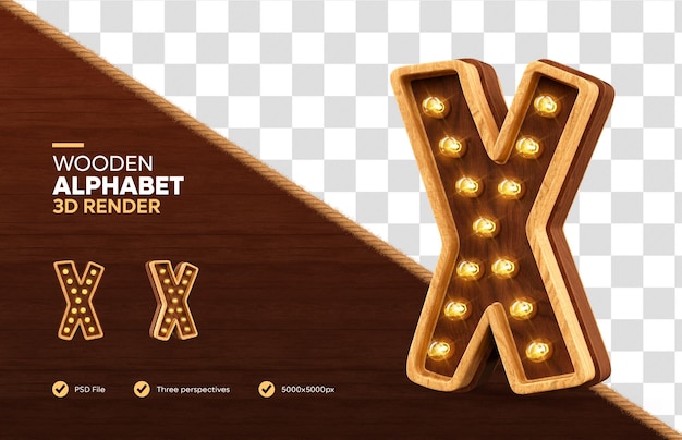 Wooden alphabet letter x 3d render with realistic lamps