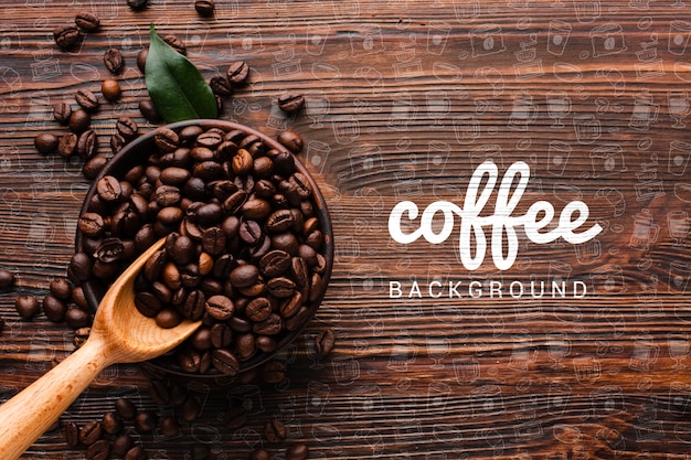 Wooden background with coffee beans