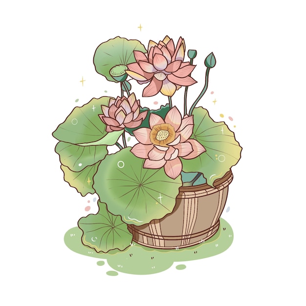 Wooden basket with flowers water lily lotus illustration drawing