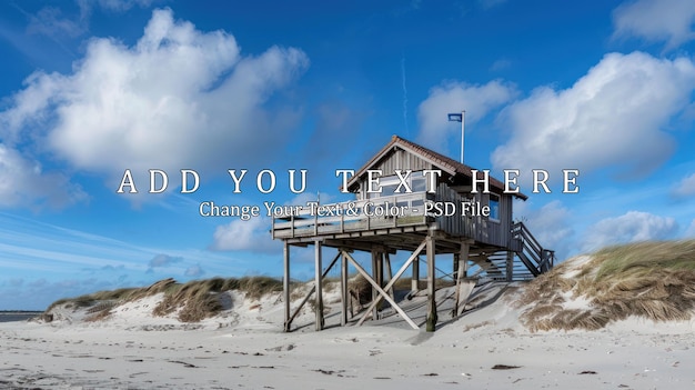 PSD wooden beach house on stilts with blue sky and clouds