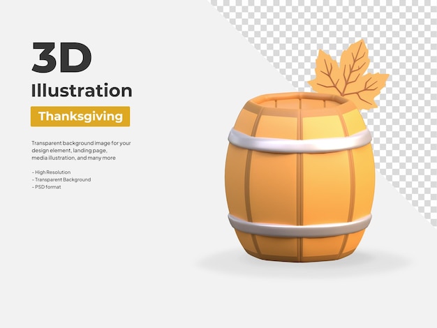 Wooden beer barrel thanksgiving day 3d icon illustration