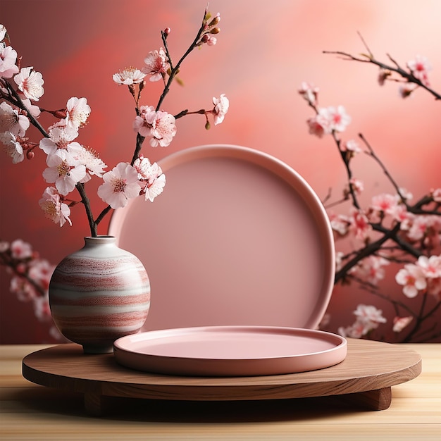 Wooden blank podium surrounded by flowers for cosmetic product presentation