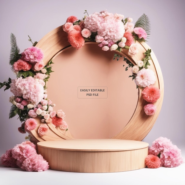 Wooden blank product presentation podium surrounded by flowers