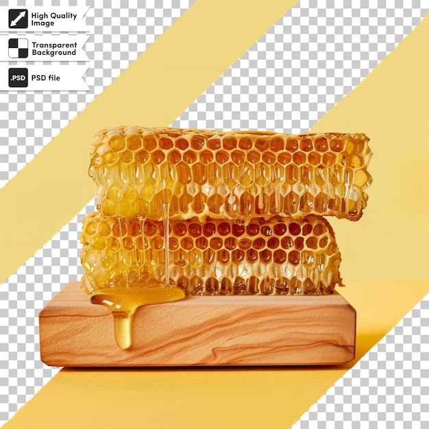 a wooden block of honey sits on a wooden block