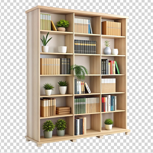 A wooden bookshelf with a variety of books potted plants and a vase on transparent background