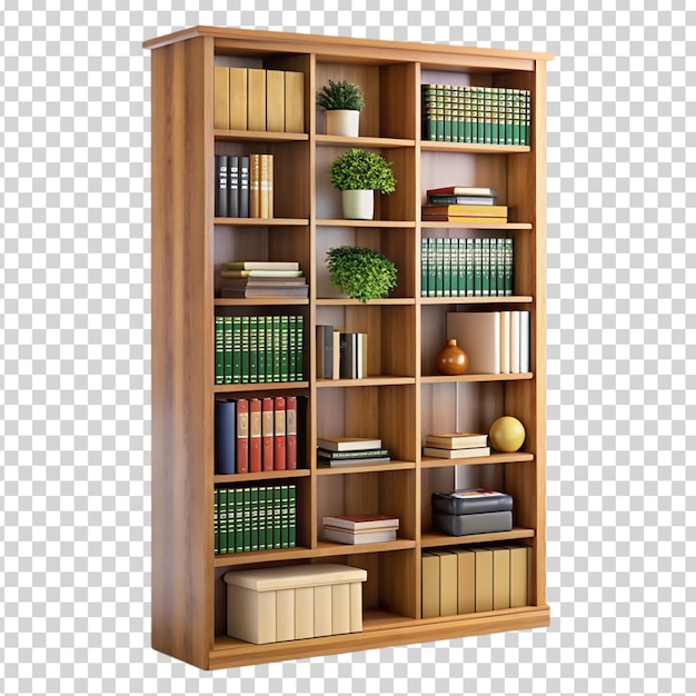 A wooden bookshelf with a variety of books potted plants and a vase on transparent background