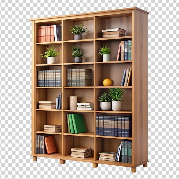 A wooden bookshelf with a variety of books potted plants and a vase on transparent background