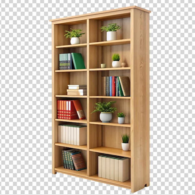 A wooden bookshelf with a variety of books potted plants and a vase on transparent background