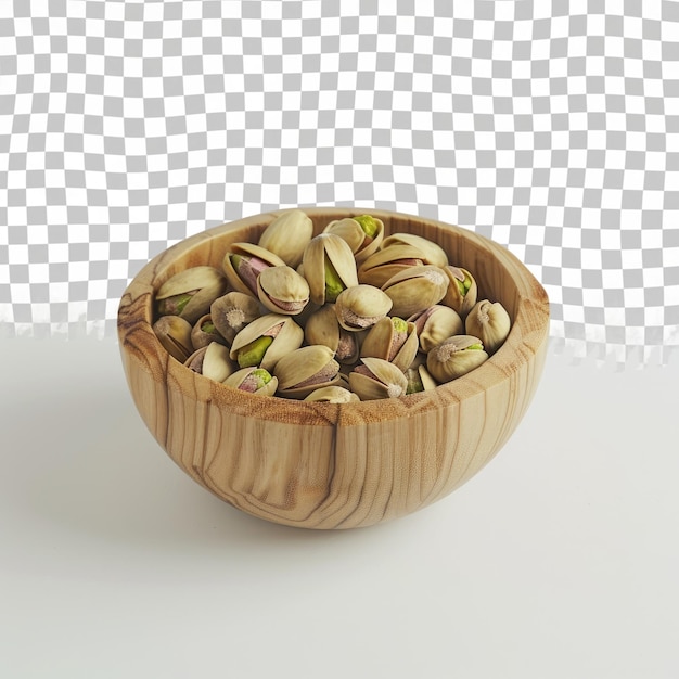 a wooden bowl of almonds sits on a white table