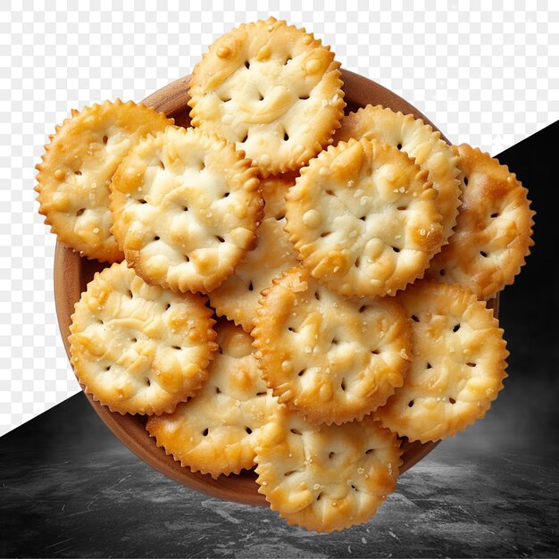 a wooden bowl of crackers with a black background with a black and white photo